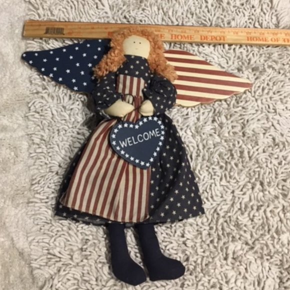 VTG Patriotic Angel Red White Blue Stars Stripes Hanging Door Welcome Doll 17x16 - Picture 9 of 11